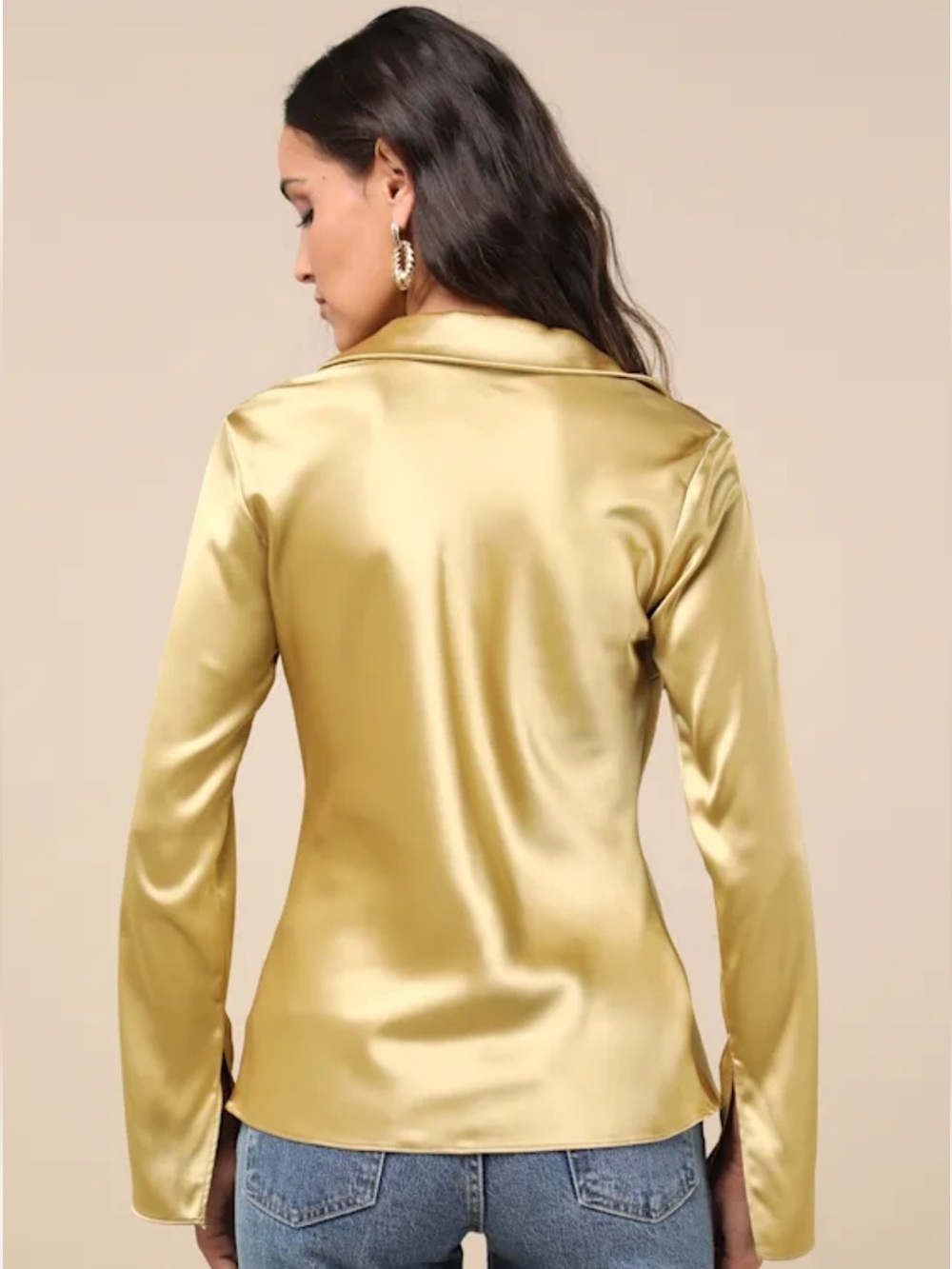 NWT Lulus Coveted Aesthetic Gold Tie-Front Long Sleeve Collared Top - Picture 4 of 9